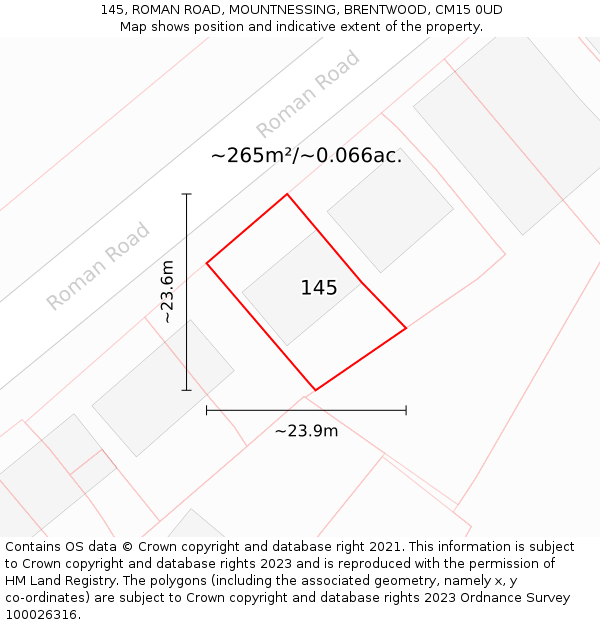 145, ROMAN ROAD, MOUNTNESSING, BRENTWOOD, CM15 0UD: Plot and title map