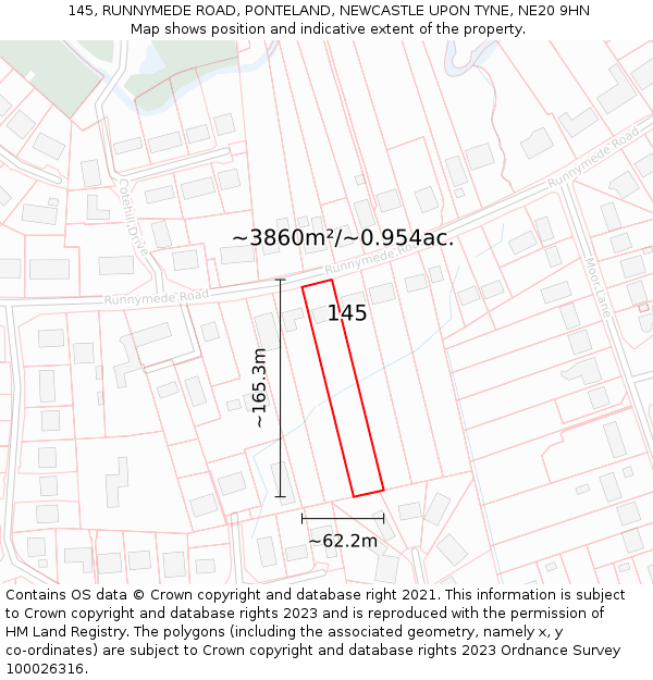145, RUNNYMEDE ROAD, PONTELAND, NEWCASTLE UPON TYNE, NE20 9HN: Plot and title map