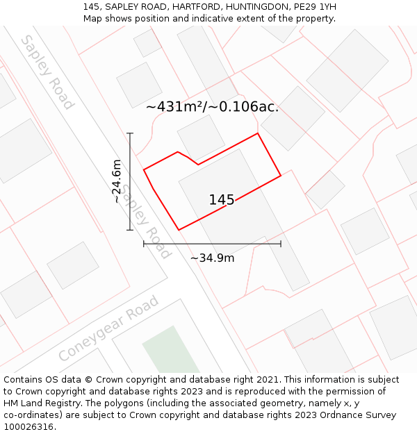 145, SAPLEY ROAD, HARTFORD, HUNTINGDON, PE29 1YH: Plot and title map