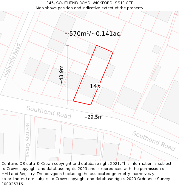 145, SOUTHEND ROAD, WICKFORD, SS11 8EE: Plot and title map