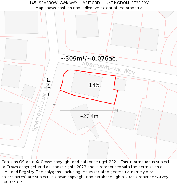 145, SPARROWHAWK WAY, HARTFORD, HUNTINGDON, PE29 1XY: Plot and title map