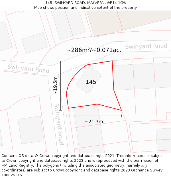 145, SWINYARD ROAD, MALVERN, WR14 1GW: Plot and title map