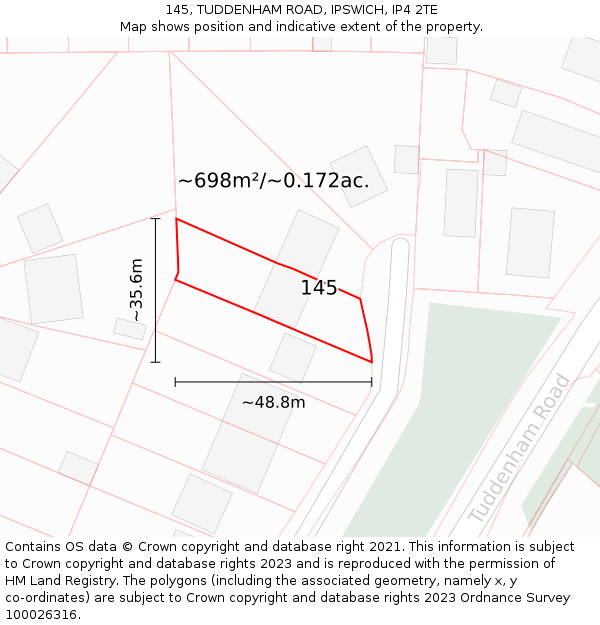 145, TUDDENHAM ROAD, IPSWICH, IP4 2TE: Plot and title map