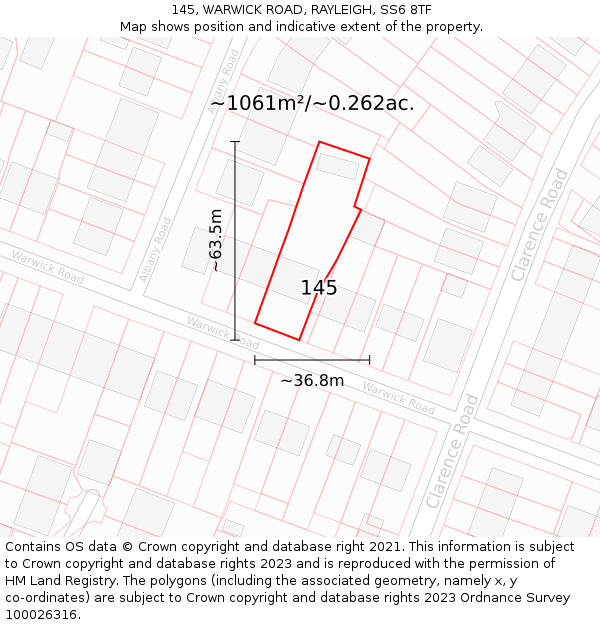145, WARWICK ROAD, RAYLEIGH, SS6 8TF: Plot and title map