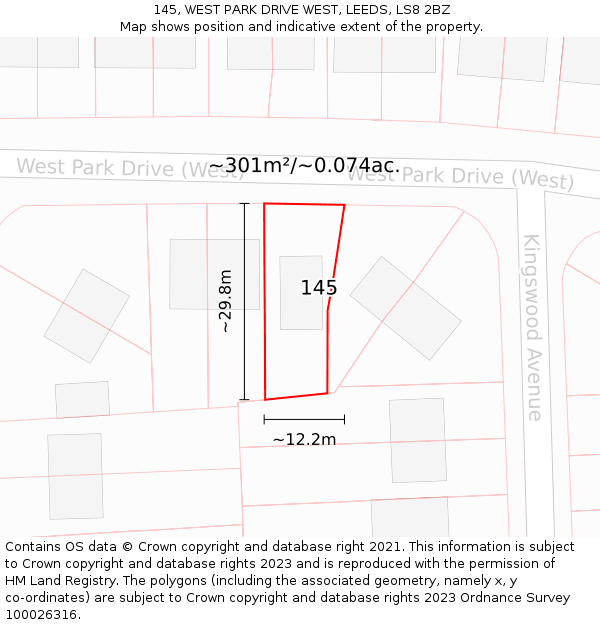 145, WEST PARK DRIVE WEST, LEEDS, LS8 2BZ: Plot and title map