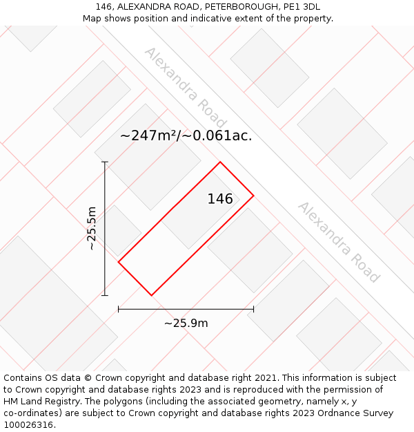 146, ALEXANDRA ROAD, PETERBOROUGH, PE1 3DL: Plot and title map