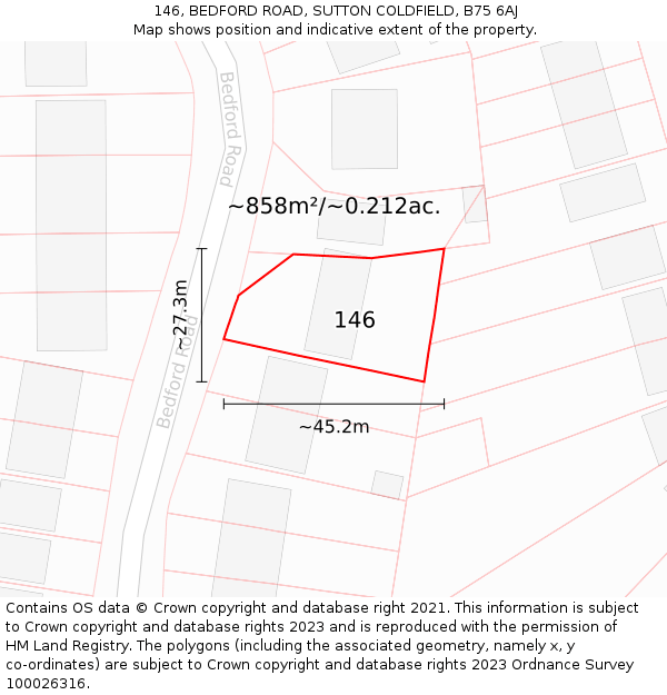 146, BEDFORD ROAD, SUTTON COLDFIELD, B75 6AJ: Plot and title map