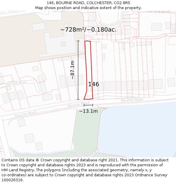 146, BOURNE ROAD, COLCHESTER, CO2 8RS: Plot and title map
