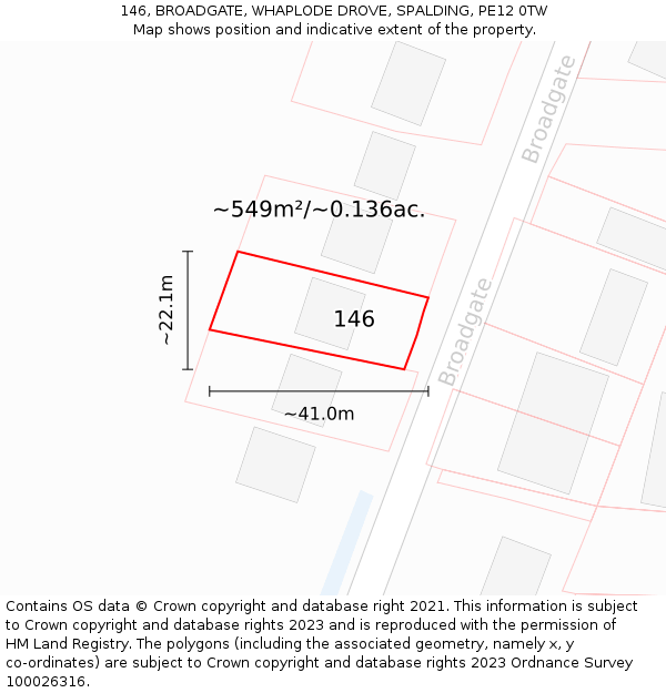 146, BROADGATE, WHAPLODE DROVE, SPALDING, PE12 0TW: Plot and title map