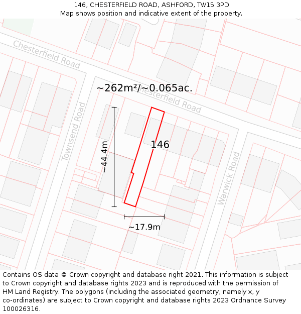 146, CHESTERFIELD ROAD, ASHFORD, TW15 3PD: Plot and title map