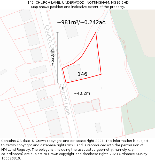 146, CHURCH LANE, UNDERWOOD, NOTTINGHAM, NG16 5HD: Plot and title map