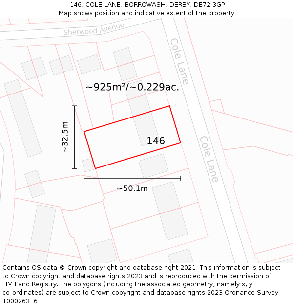 146, COLE LANE, BORROWASH, DERBY, DE72 3GP: Plot and title map