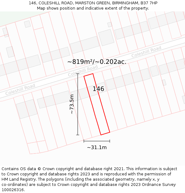 146, COLESHILL ROAD, MARSTON GREEN, BIRMINGHAM, B37 7HP: Plot and title map