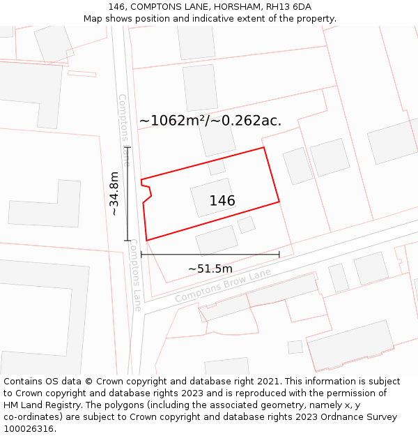 146, COMPTONS LANE, HORSHAM, RH13 6DA: Plot and title map