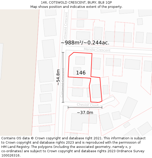 146, COTSWOLD CRESCENT, BURY, BL8 1QP: Plot and title map