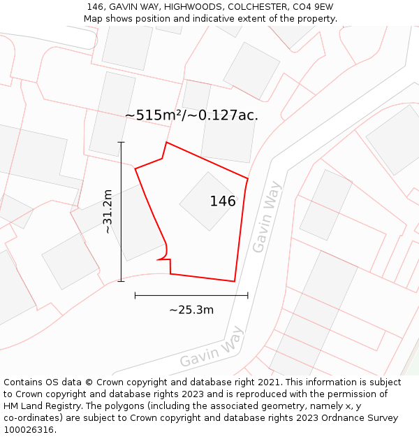 146, GAVIN WAY, HIGHWOODS, COLCHESTER, CO4 9EW: Plot and title map