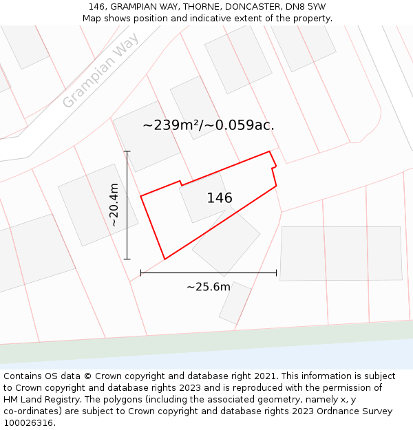 146, GRAMPIAN WAY, THORNE, DONCASTER, DN8 5YW: Plot and title map