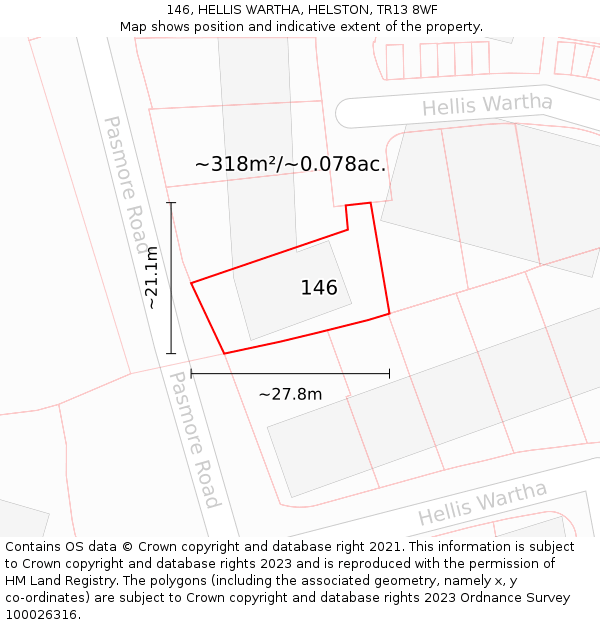 146, HELLIS WARTHA, HELSTON, TR13 8WF: Plot and title map