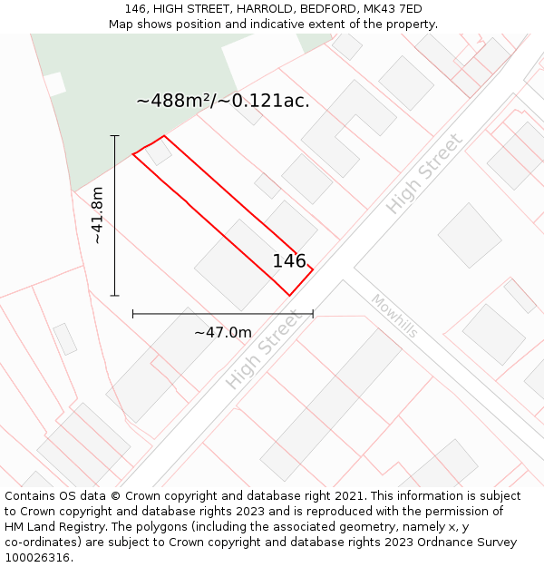 146, HIGH STREET, HARROLD, BEDFORD, MK43 7ED: Plot and title map