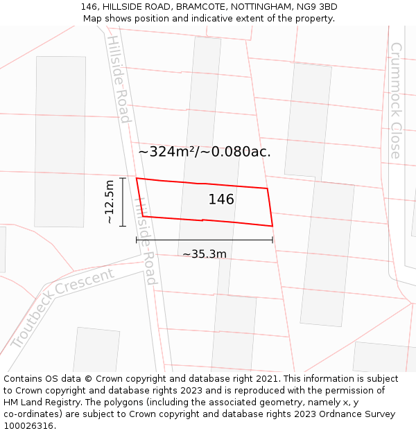 146, HILLSIDE ROAD, BRAMCOTE, NOTTINGHAM, NG9 3BD: Plot and title map