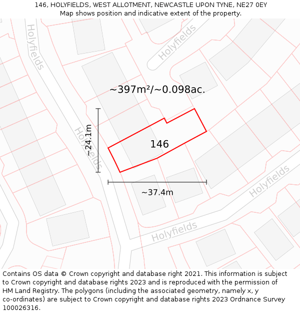 146, HOLYFIELDS, WEST ALLOTMENT, NEWCASTLE UPON TYNE, NE27 0EY: Plot and title map
