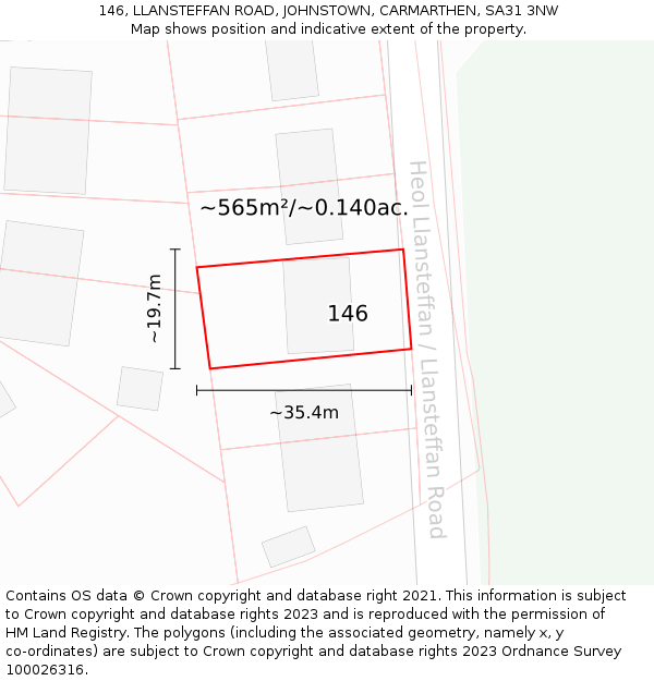 146, LLANSTEFFAN ROAD, JOHNSTOWN, CARMARTHEN, SA31 3NW: Plot and title map