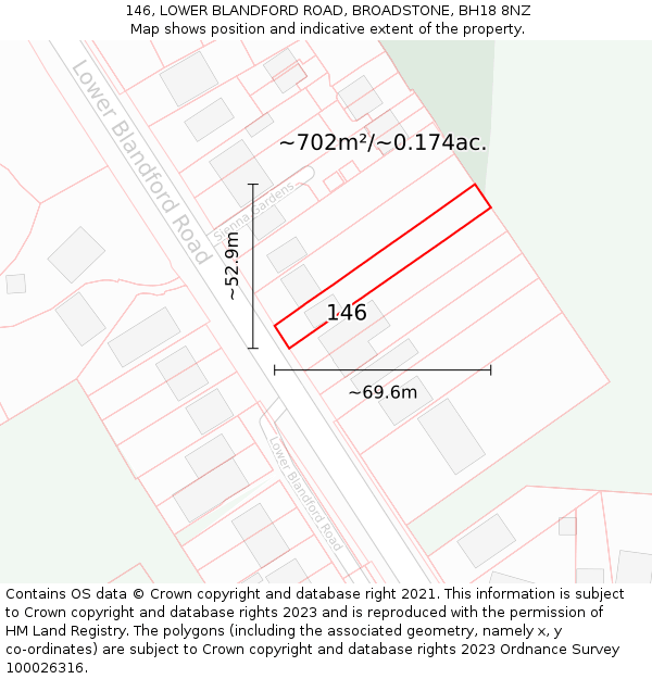 146, LOWER BLANDFORD ROAD, BROADSTONE, BH18 8NZ: Plot and title map