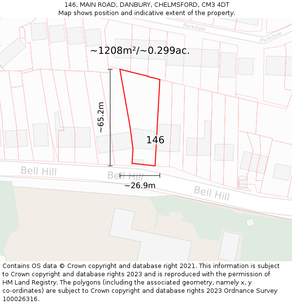 146, MAIN ROAD, DANBURY, CHELMSFORD, CM3 4DT: Plot and title map
