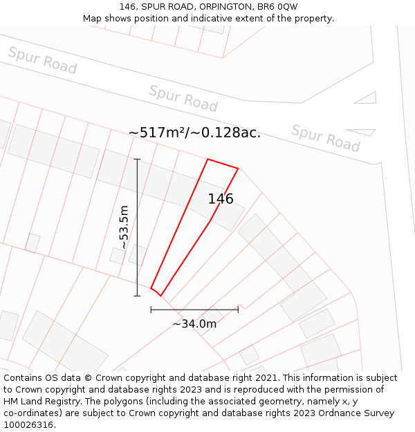 146, SPUR ROAD, ORPINGTON, BR6 0QW: Plot and title map