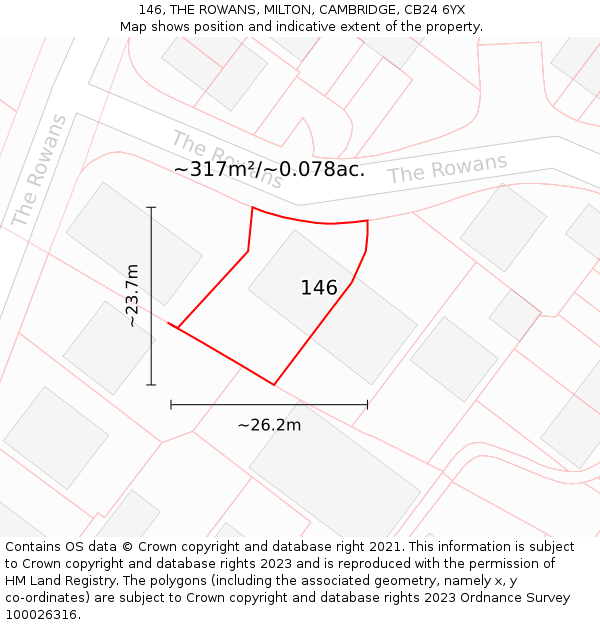 146, THE ROWANS, MILTON, CAMBRIDGE, CB24 6YX: Plot and title map