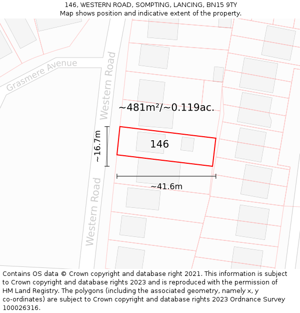 146, WESTERN ROAD, SOMPTING, LANCING, BN15 9TY: Plot and title map