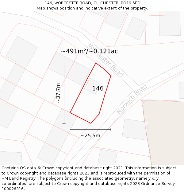 146, WORCESTER ROAD, CHICHESTER, PO19 5ED: Plot and title map