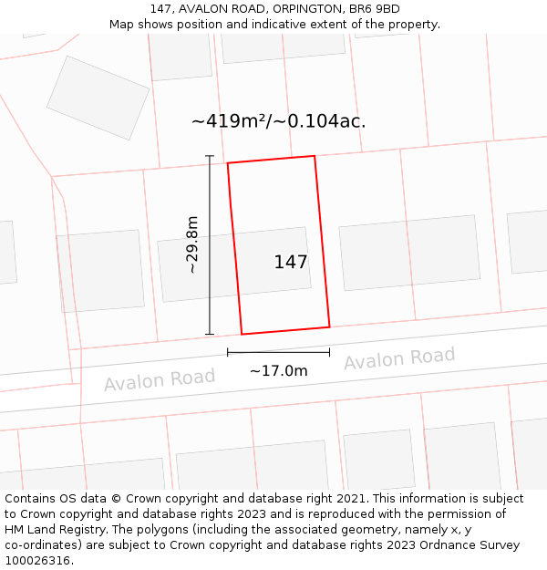 147, AVALON ROAD, ORPINGTON, BR6 9BD: Plot and title map