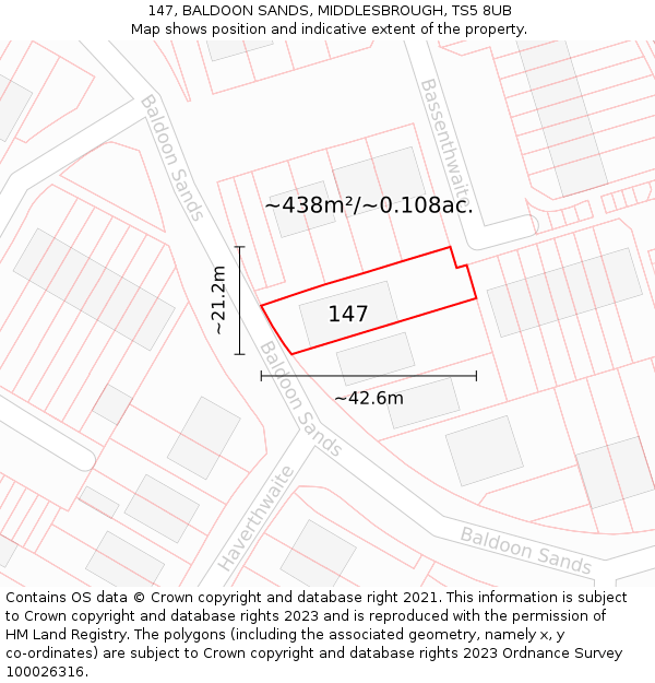 147, BALDOON SANDS, MIDDLESBROUGH, TS5 8UB: Plot and title map