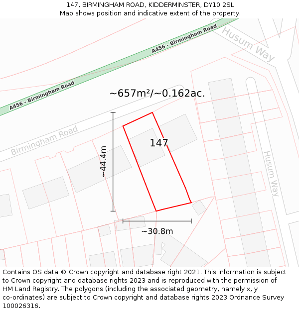 147, BIRMINGHAM ROAD, KIDDERMINSTER, DY10 2SL: Plot and title map