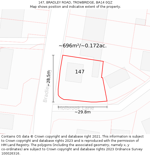147, BRADLEY ROAD, TROWBRIDGE, BA14 0QZ: Plot and title map