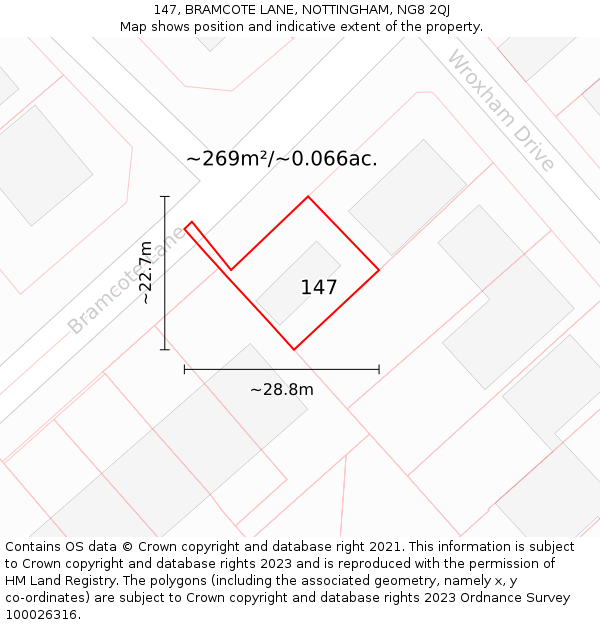 147, BRAMCOTE LANE, NOTTINGHAM, NG8 2QJ: Plot and title map