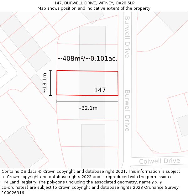 147, BURWELL DRIVE, WITNEY, OX28 5LP: Plot and title map