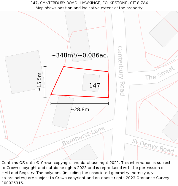 147, CANTERBURY ROAD, HAWKINGE, FOLKESTONE, CT18 7AX: Plot and title map