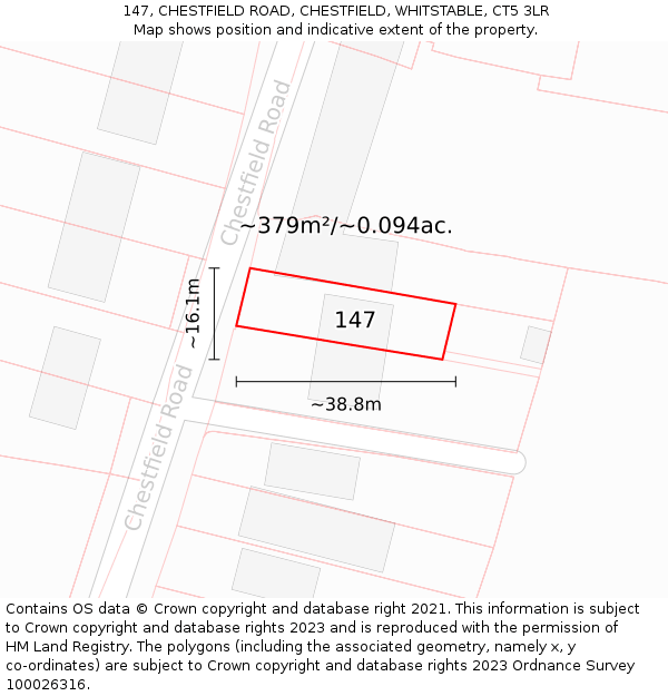 147, CHESTFIELD ROAD, CHESTFIELD, WHITSTABLE, CT5 3LR: Plot and title map
