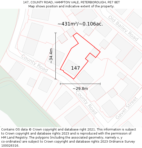 147, COUNTY ROAD, HAMPTON VALE, PETERBOROUGH, PE7 8ET: Plot and title map