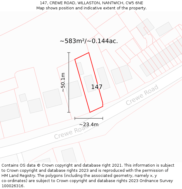 147, CREWE ROAD, WILLASTON, NANTWICH, CW5 6NE: Plot and title map