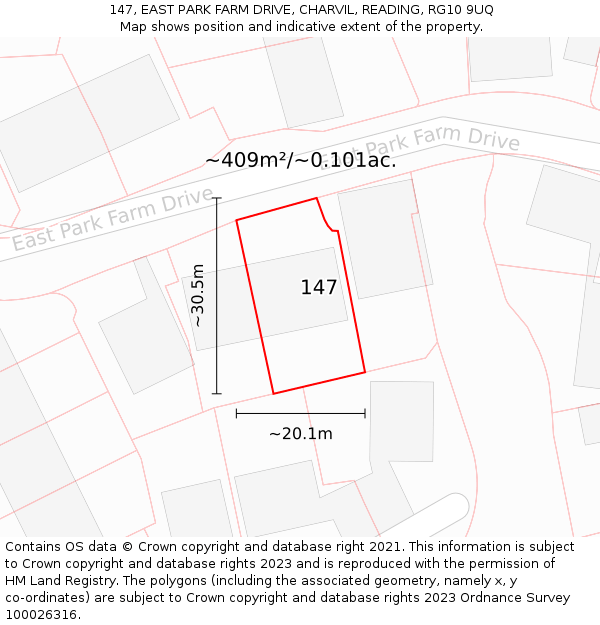 147, EAST PARK FARM DRIVE, CHARVIL, READING, RG10 9UQ: Plot and title map