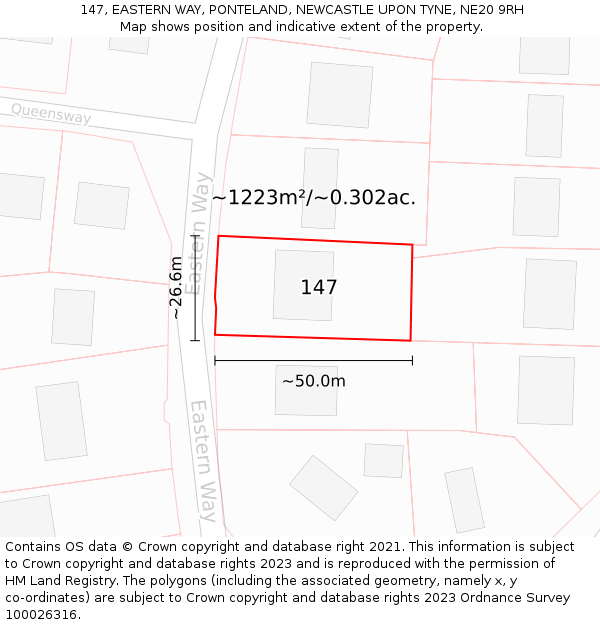 147, EASTERN WAY, PONTELAND, NEWCASTLE UPON TYNE, NE20 9RH: Plot and title map