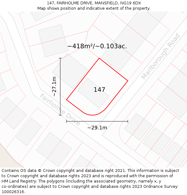 147, FAIRHOLME DRIVE, MANSFIELD, NG19 6DX: Plot and title map