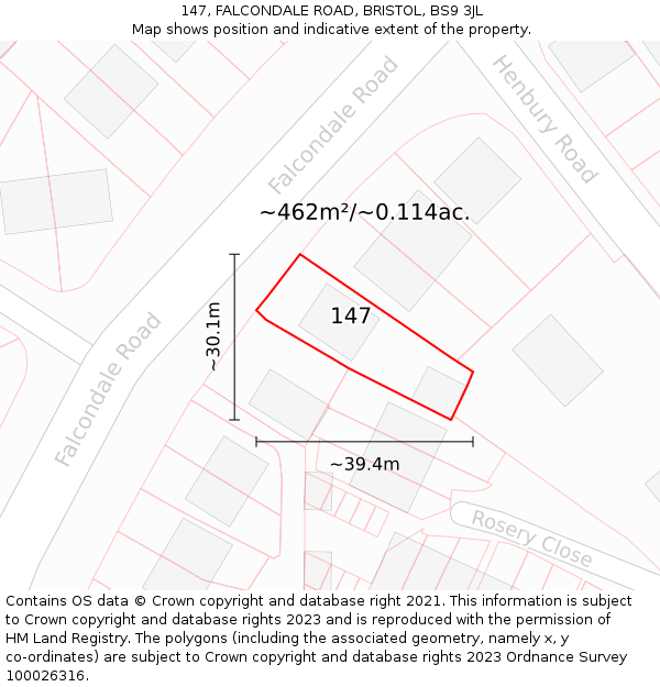 147, FALCONDALE ROAD, BRISTOL, BS9 3JL: Plot and title map