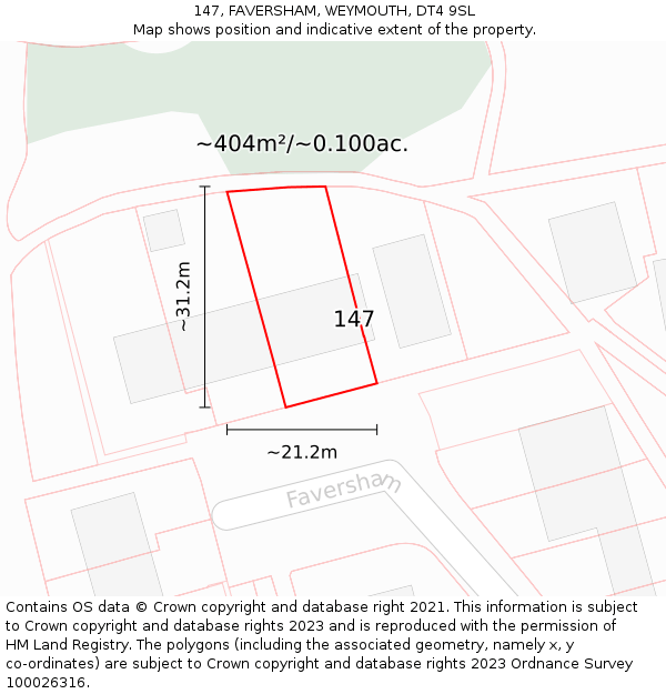 147, FAVERSHAM, WEYMOUTH, DT4 9SL: Plot and title map