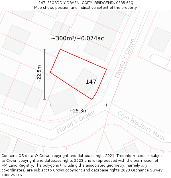 147, FFORDD Y DRAEN, COITY, BRIDGEND, CF35 6FQ: Plot and title map