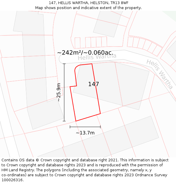 147, HELLIS WARTHA, HELSTON, TR13 8WF: Plot and title map