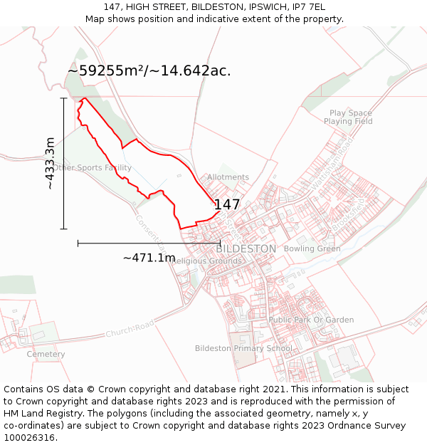 147, HIGH STREET, BILDESTON, IPSWICH, IP7 7EL: Plot and title map